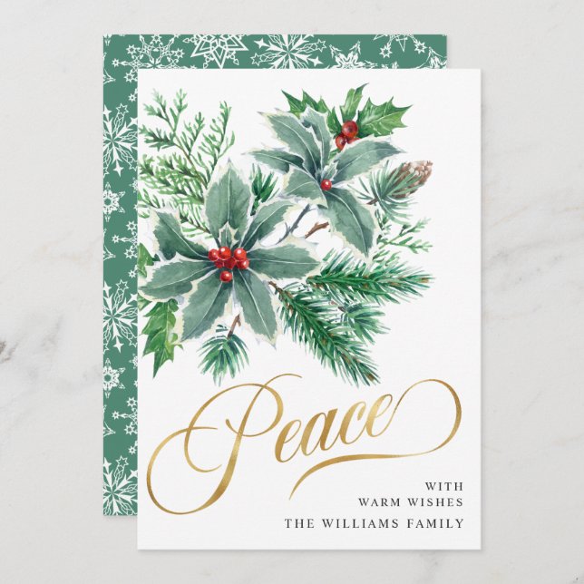 PEACE Holly Berry Branch Christmas Greeting Holiday Card (Front/Back)