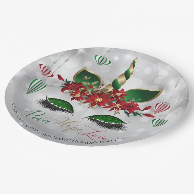 Peace Hope and Love Holiday Unicorn Face Paper Plate (Angled)
