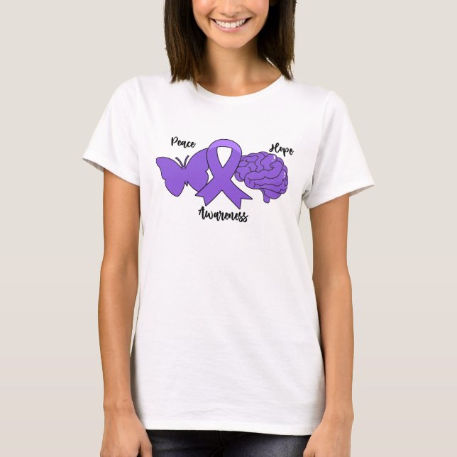 PEACE HOPE AWARENESS Purple Ribbon Brain T-Shirt (Front)