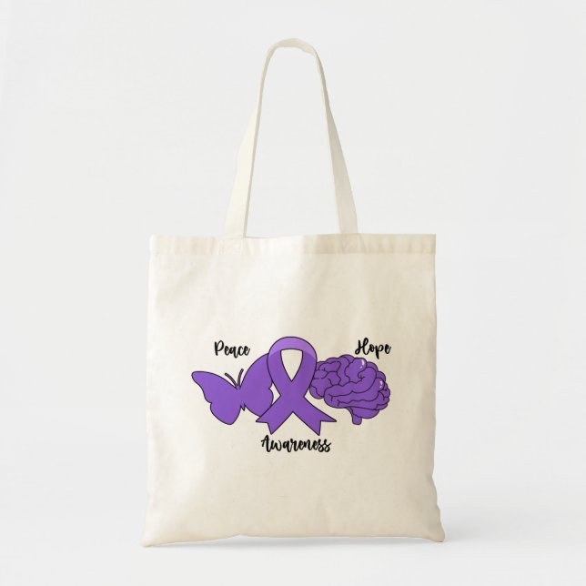 PEACE HOPE AWARENESS Purple Ribbon Brain Tote Bag (Front)
