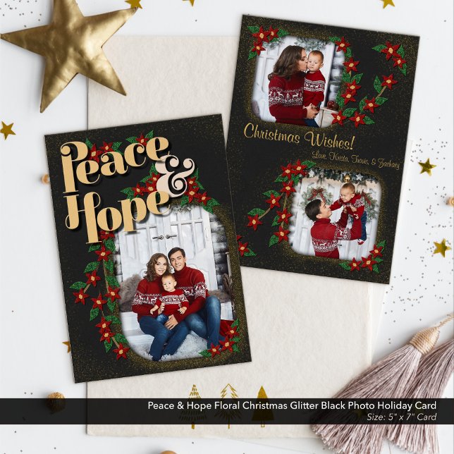 Peace & Hope Floral Christmas Glitter Black Photo Holiday Card (Peace & Hope Christmas Photo Card: Papercut Look with Red, Green, & Gold Glitter Flowers on Black.)