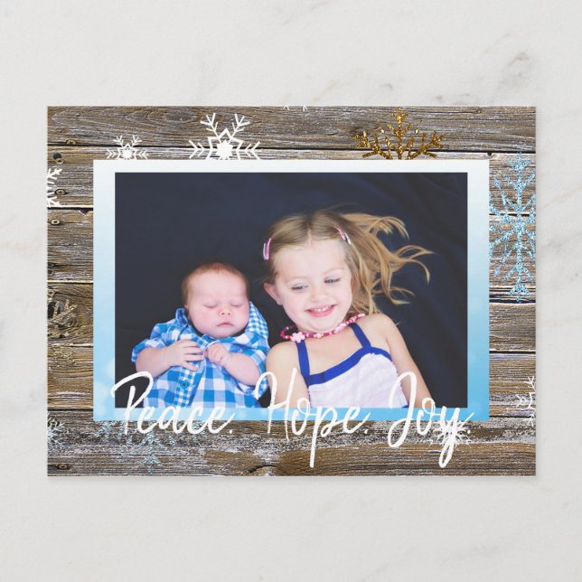 Peace Hope Joy Family Photo Rustic Wood Snowflakes Postcard (Front)