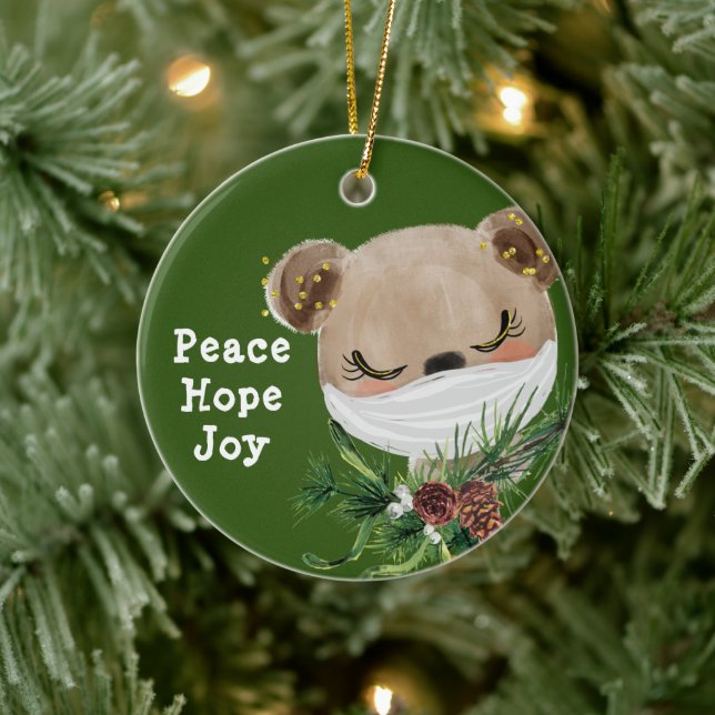 Peace Hope Joy Masked Bear Ceramic Tree Decoration (Tree)