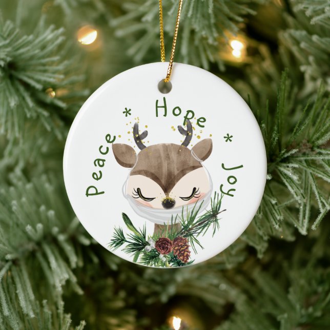 Peace Hope Joy Masked Reindeer Ceramic Tree Decoration (Tree)