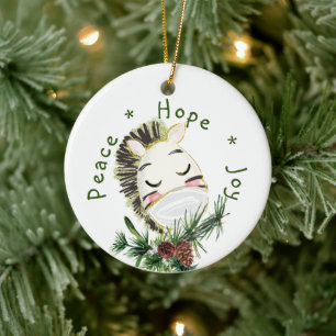 Peace Hope Joy Masked Zebra Ceramic Tree Decoration