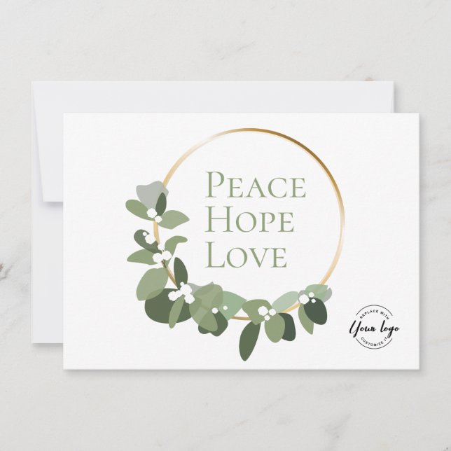 Peace hope love green wreath business logo holiday card (Front)