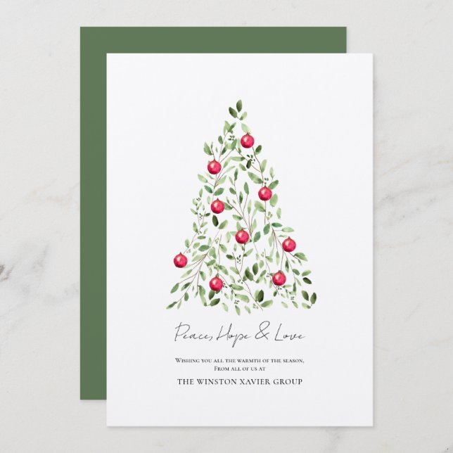 Peace Hope Love Modern Watercolor Botanical Tree Holiday Card (Front/Back)