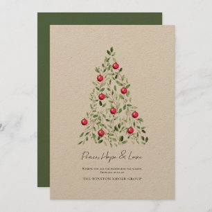 Peace Hope Love Modern Watercolor Botanical Tree Holiday Card