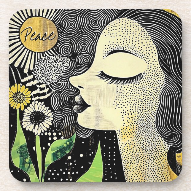 Peace In Bloom Abstract Woman Hard plastic coaster (Front)