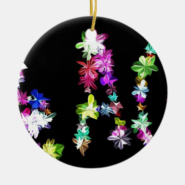 "PEACE" in Flowers Art Print Ceramic Tree Decoration (Front)