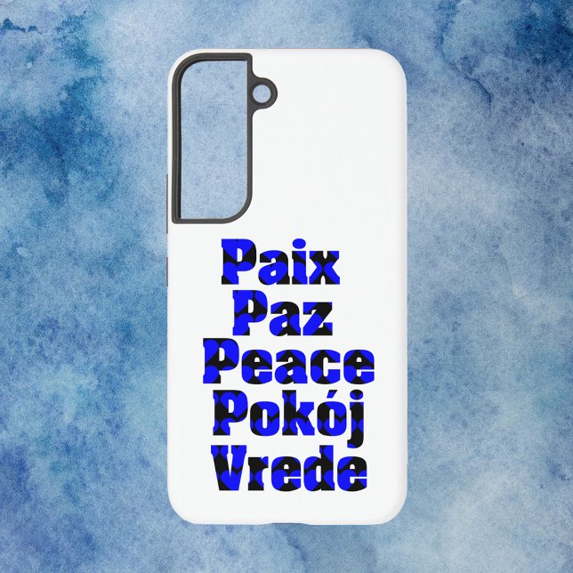 Peace in Foreign Languages Hearts Blue Black Samsung Galaxy S22 Case (A phone case that says peace in different languages with blue and black hearts.)