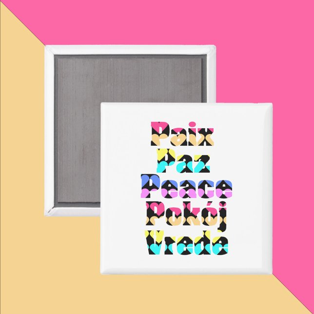 Peace in Many Languages Bright Hearts Magnet (A magnet that says peace in a variety of languages with a colorful heart pattern)