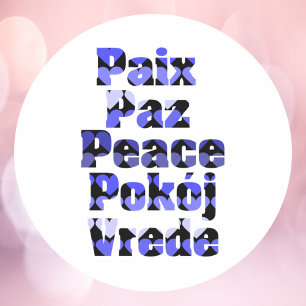 Peace in Many Languages Typography Blue Hearts Classic Round Sticker