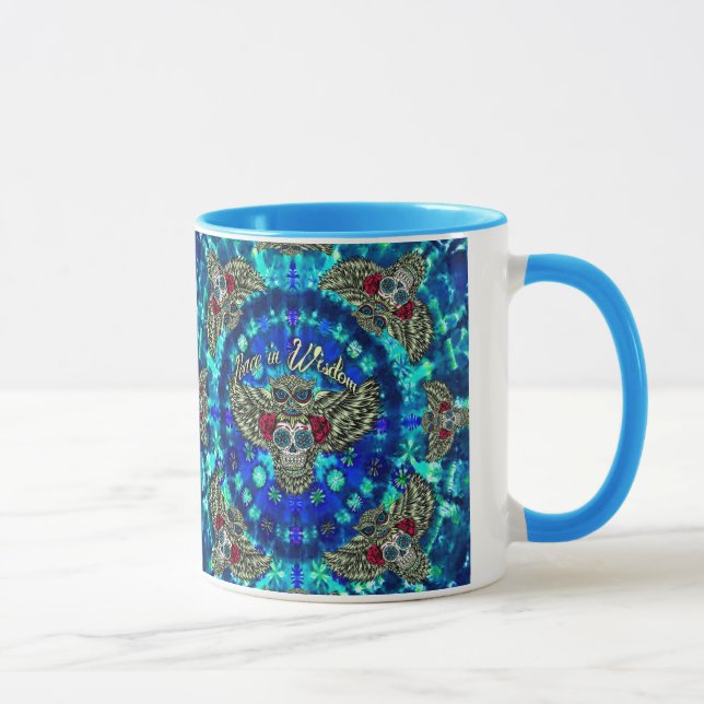 Peace in wisdom tie dye with sugar skull owl art. mug (Right)