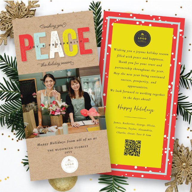 Peace Joy And Prosperity Typography Photo Business Holiday Card (Creator Uploaded)