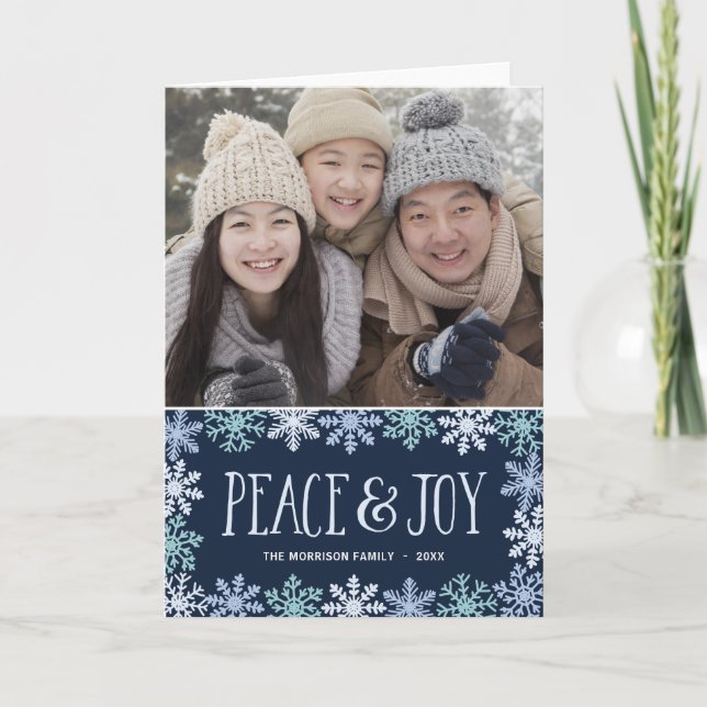 Peace & Joy | Blue Snowflakes Hand Lettered Photo Holiday Card (Front)