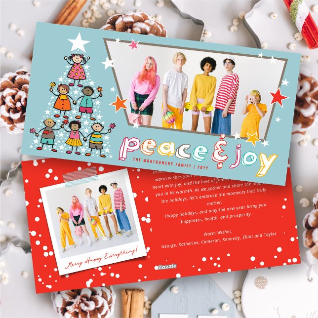 Peace & Joy Cartoon Christmas Tree Kids Fun Photo Holiday Card (Peace & Joy Colorful Cartoon Christmas Tree Kids Fun Photo Holiday Card @ fat_fa_tin)
