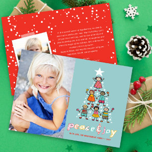 Peace & Joy Cartoon Christmas Tree Kids Photo  Holiday Card