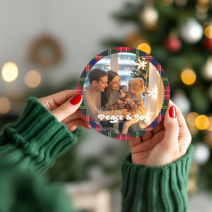 Peace & Joy Custom Plaid Christmas Photo Classic Round Sticker
