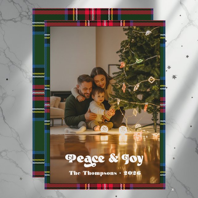 Peace & Joy Green Tartan Plaid Family Christmas Holiday Card (Peace & Joy Green Tartan Plaid Family Christmas Holiday Card)