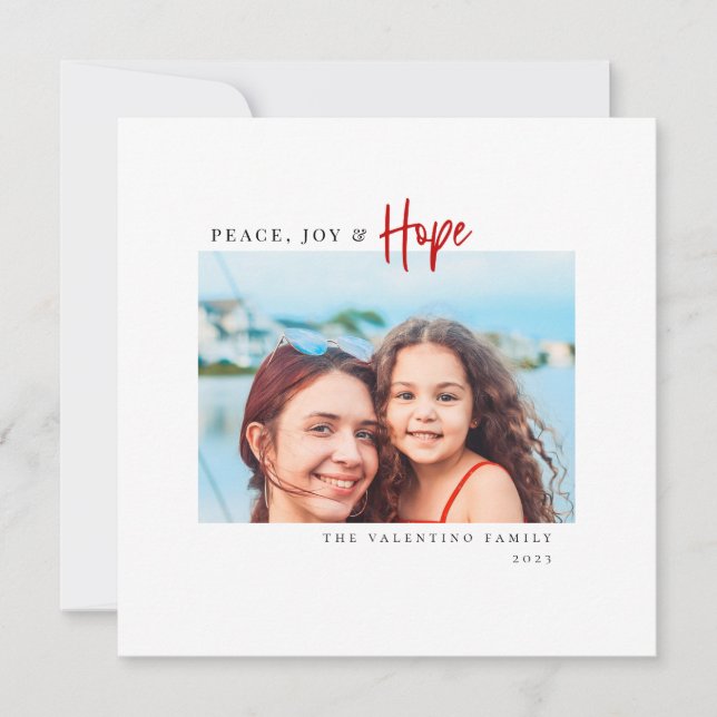 Peace Joy Hope Modern Red Script Minimalist Photo Holiday Card (Front)
