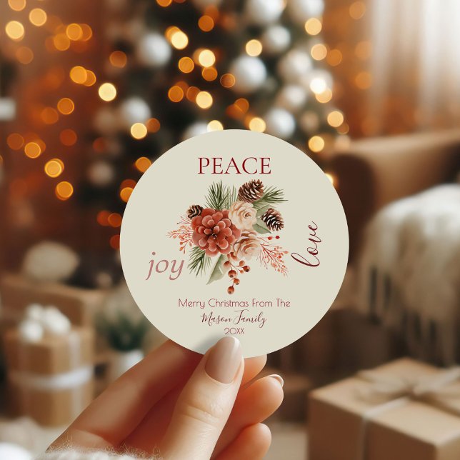 Peace Joy Love Beige Floral Christmas Classic Round Sticker (Creator Uploaded)