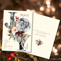 Peace Joy Love Beige Floral Christmas Photo
