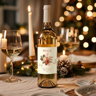 Peace Joy Love Beige Floral Christmas Wine Label