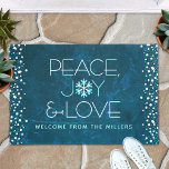 Peace Joy Love Blue Holiday Bold Modern Snowflake Doormat<br><div class="desc">“Peace, joy & love.” A fun, playful, light turquoise and white snowflake illustration and modern, sans serif typography on a rich, teal turquoise blue marble background help you usher in the holiday season. White and light turquoise confetti dots on the sides complete the look. Enhance your entryway with this stylish...</div>