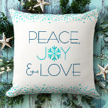 Peace Joy Love Bold Modern Snowflake Typography Cushion<br><div class="desc">“Peace, joy & love.” A fun, playful, snowflake illustration and modern turquoise and dark blue typography on a white background help you usher in the holiday season. Turquoise confetti dots frame complete the look. On the back is a giant turquoise faux foil snowflake. Feel the warmth and joy of the...</div>