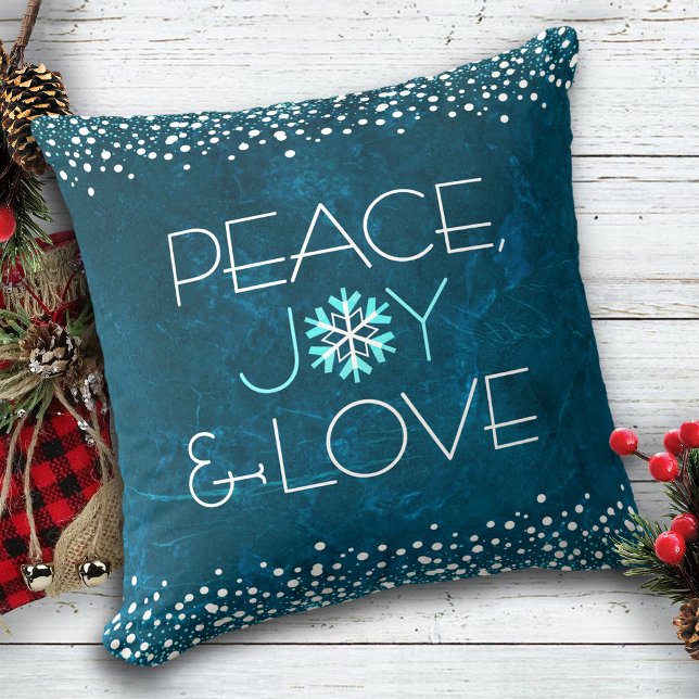 Peace Joy Love Chic Modern Snowflake on Blue Cushion (Creator Uploaded)