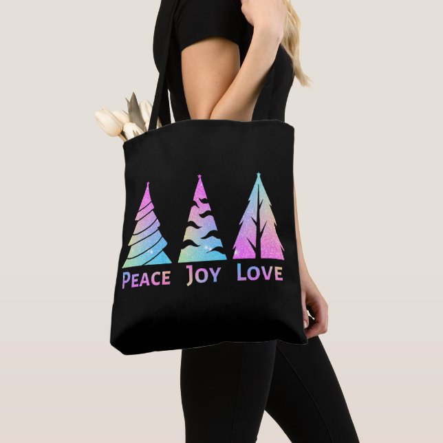 Peace Joy Love Christmas Trees Tote Bag (Close Up)