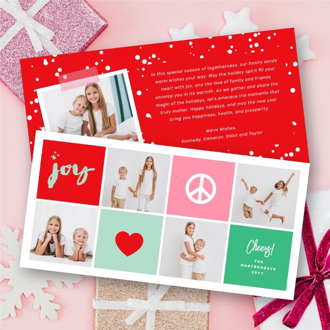 Peace Joy Love Colour Square Blocks Minimal 4 Phot Holiday Card (Creator Uploaded)