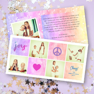 Peace Joy Love Colourful Squares Stylish 4 Photo Holiday Card