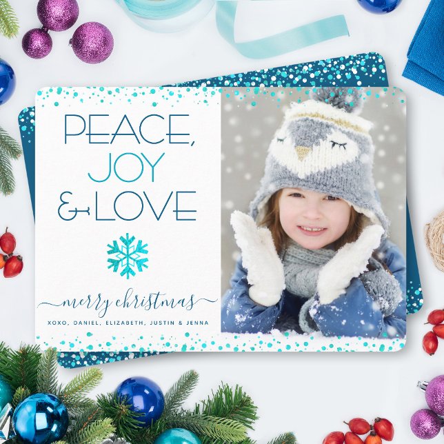 Peace Joy Love Photo Snowflake Christmas Modern Holiday Card (Creator Uploaded)