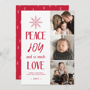 Peace, Joy, Love   Red   3 Photo Collage Christmas Holiday Card