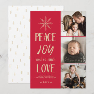Peace, Joy, Love Red Gold 3 Photo Holiday Card