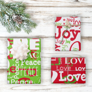Peace Joy Love Repeating Word Red Green Christmas Wrapping Paper Sheet