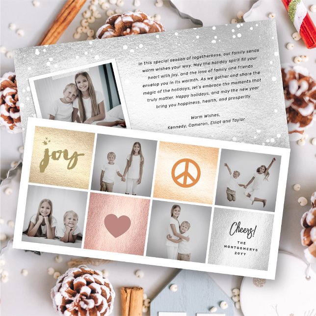 Peace Joy Love Rose Gold Squares Stylish 4 Photo Holiday Card (Creator Uploaded)