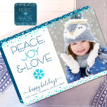 Peace Joy Love Script Chic Modern Snowflake Photo  Holiday Card<br><div class="desc">“Peace, joy & love.” A fun, playful, snowflake illustration and modern typography on a white background help you usher in the holiday season, along with the custom photo of your choice. Faux turquoise foil confetti dots frame the card. Feel the warmth and joy of the holidays whenever you send this...</div>