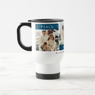 Peace Joy Love Teal 3 Photo Collage Script Holiday Travel Mug