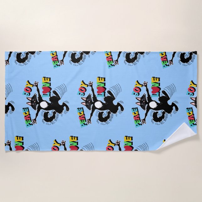 Peace, joy, love with cat dancing beach towel (Front)