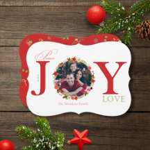 Peace Joy Love Wreath Christmas Photo Card