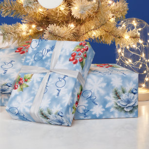 Peace & Joy Merry Christmas Blue Snowflake  Wrapping Paper