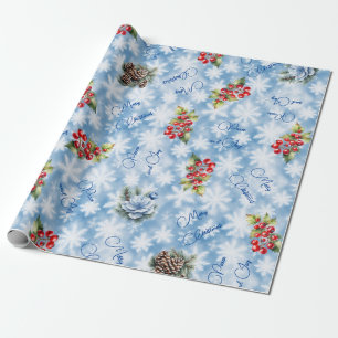 Peace & Joy Merry Christmas Blue Snowflake Wrapping Paper
