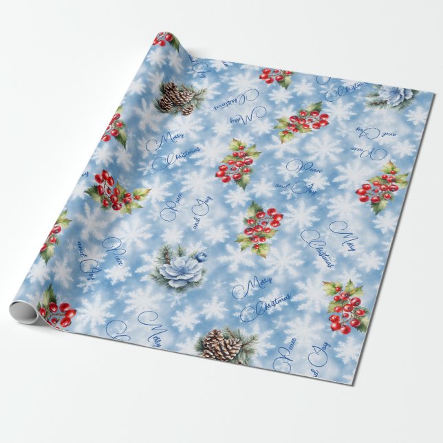 Peace & Joy Merry Christmas Blue Snowflake  Wrapping Paper (Unrolled)