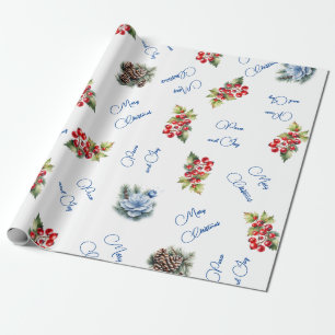 Peace & Joy Merry Christmas Red Berries on White Wrapping Paper