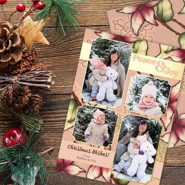 Peace & Joy, Pink and Gold Poinsettia Photo (Peace & Joy, Pink and Gold Poinsettia Photo Foil Holiday Card)