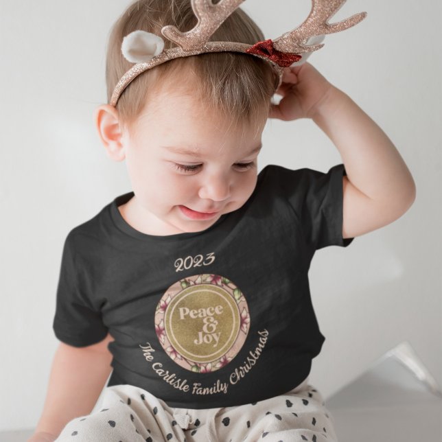 Peace & Joy Pink Gold Family Name Christmas Baby T-Shirt (Peace & Joy Pink Gold Family Name Christmas Baby T-Shirt with Light-Colored Text for Dark Shirts.)