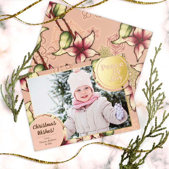 Peace & Joy, Pink, Gold Poinsettia Photo (Peace & Joy, Pink, Gold Poinsettia Photo Foil Holiday Card)